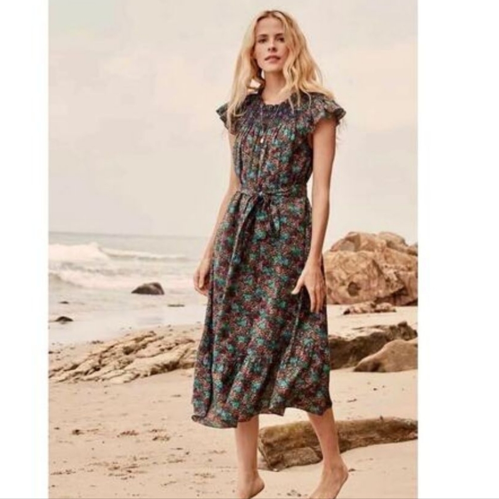 Doen Violeta Floral Midi Dress in Black with Teal & Pink Print